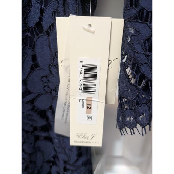 New Eliza J Quarter Length Sleeve Lace Fit Flare Dress Sz 12 Navy Blue Formal - Picture 6 of 12